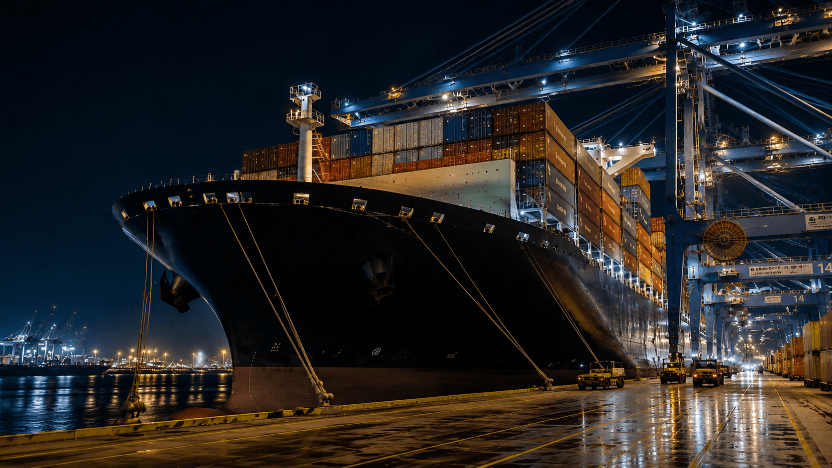 Buque portacontenedores atracado en puerto de noche